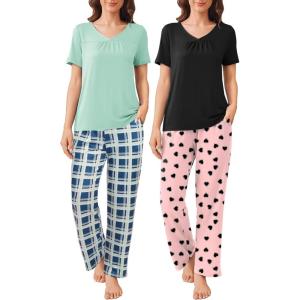 imageEkouaer 2 Pack Womens Pajama Sets Short Sleeve with Long Pant Pjs Sleepwear Loungewear with Pockets SXXLBlack PinkGreen Blue