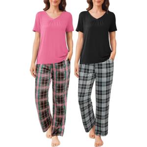 imageEkouaer 2 Pack Womens Pajama Sets Short Sleeve with Long Pant Pjs Sleepwear Loungewear with Pockets SXXLBlack PlaidRose Pliad