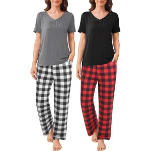 imageEkouaer 2 Pack Womens Pajama Sets Short Sleeve with Long Pant Pjs Sleepwear Loungewear with Pockets SXXLBlack RedDark Grey