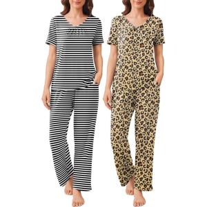 imageEkouaer 2 Pack Womens Pajama Sets Short Sleeve with Long Pant Pjs Sleepwear Loungewear with Pockets SXXLBlack StripedBrown Leopard