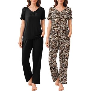 imageEkouaer 2 Pack Womens Pajama Sets Short Sleeve with Long Pant Pjs Sleepwear Loungewear with Pockets SXXLBlackBrown Leopard
