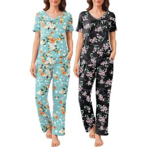 imageEkouaer 2 Pack Womens Pajama Sets Short Sleeve with Long Pant Pjs Sleepwear Loungewear with Pockets SXXLBlue FlowersBlack Flowers