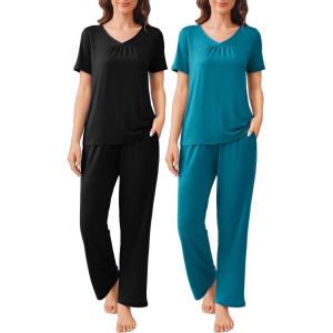 imageEkouaer 2 Pack Womens Pajama Sets Short Sleeve with Long Pant Pjs Sleepwear Loungewear with Pockets SXXLBlue GreenBlack