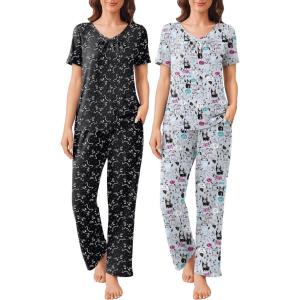 imageEkouaer 2 Pack Womens Pajama Sets Short Sleeve with Long Pant Pjs Sleepwear Loungewear with Pockets SXXLGrey DogBlack Cat