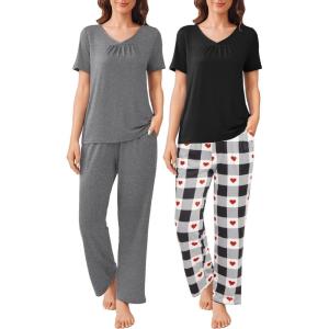 imageEkouaer 2 Pack Womens Pajama Sets Short Sleeve with Long Pant Pjs Sleepwear Loungewear with Pockets SXXLGreyBlack White