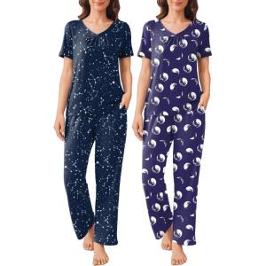 imageEkouaer 2 Pack Womens Pajama Sets Short Sleeve with Long Pant Pjs Sleepwear Loungewear with Pockets SXXLNavy MoonBlue Stars