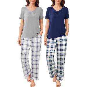 imageEkouaer 2 Pack Womens Pajama Sets Short Sleeve with Long Pant Pjs Sleepwear Loungewear with Pockets SXXLNavyGrey Blue