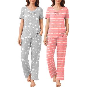 imageEkouaer 2 Pack Womens Pajama Sets Short Sleeve with Long Pant Pjs Sleepwear Loungewear with Pockets SXXLPink StripeGrey Stars