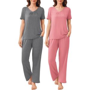 imageEkouaer 2 Pack Womens Pajama Sets Short Sleeve with Long Pant Pjs Sleepwear Loungewear with Pockets SXXLPinkGrey