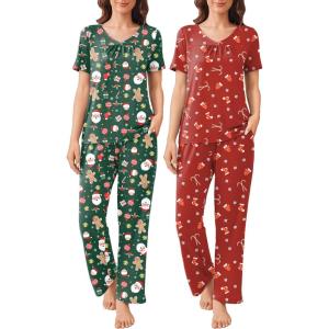 imageEkouaer 2 Pack Womens Pajama Sets Short Sleeve with Long Pant Pjs Sleepwear Loungewear with Pockets SXXLRedGreen