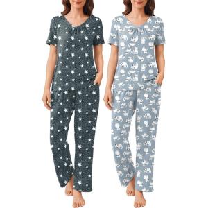 imageEkouaer 2 Pack Womens Pajama Sets Short Sleeve with Long Pant Pjs Sleepwear Loungewear with Pockets SXXLSlate StarGrey Cat