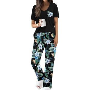 imageEkouaer Pajama Sets For Women 2 Piece Short Sleeve Pj Sets With Long Printed Pants Sleepwear Casual Loose Lounge SetsBlackblue Flower