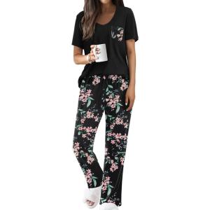 imageEkouaer Pajama Sets For Women 2 Piece Short Sleeve Pj Sets With Long Printed Pants Sleepwear Casual Loose Lounge SetsBlackpink Floral