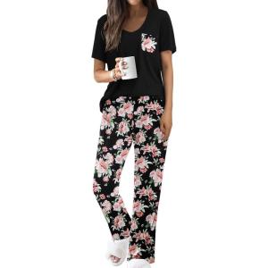 imageEkouaer Pajama Sets For Women 2 Piece Short Sleeve Pj Sets With Long Printed Pants Sleepwear Casual Loose Lounge SetsBlackpink Flower