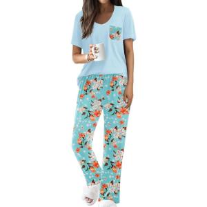 imageEkouaer Pajama Sets For Women 2 Piece Short Sleeve Pj Sets With Long Printed Pants Sleepwear Casual Loose Lounge SetsBluegreen Flower