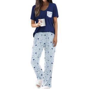 imageEkouaer Pajama Sets For Women 2 Piece Short Sleeve Pj Sets With Long Printed Pants Sleepwear Casual Loose Lounge SetsBluenavy Star