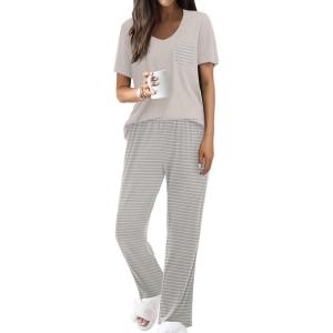 imageEkouaer Pajama Sets For Women 2 Piece Short Sleeve Pj Sets With Long Printed Pants Sleepwear Casual Loose Lounge SetsGrey Striped