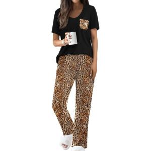 imageEkouaer Pajama Sets For Women 2 Piece Short Sleeve Pj Sets With Long Printed Pants Sleepwear Casual Loose Lounge SetsLeopard Brown