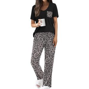 imageEkouaer Pajama Sets For Women 2 Piece Short Sleeve Pj Sets With Long Printed Pants Sleepwear Casual Loose Lounge SetsLeopard Grey