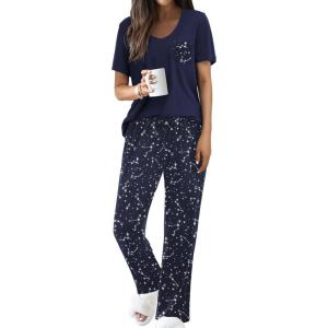 imageEkouaer Pajama Sets For Women 2 Piece Short Sleeve Pj Sets With Long Printed Pants Sleepwear Casual Loose Lounge SetsNavy Starry Sky