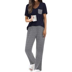 imageEkouaer Pajama Sets For Women 2 Piece Short Sleeve Pj Sets With Long Printed Pants Sleepwear Casual Loose Lounge SetsNavy Striped