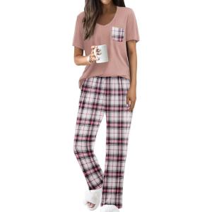 imageEkouaer Pajama Sets For Women 2 Piece Short Sleeve Pj Sets With Long Printed Pants Sleepwear Casual Loose Lounge SetsPink Plaid