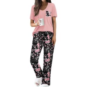 imageEkouaer Pajama Sets For Women 2 Piece Short Sleeve Pj Sets With Long Printed Pants Sleepwear Casual Loose Lounge SetsPinkblack Flower