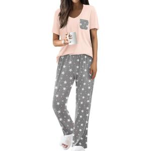 imageEkouaer Pajama Sets For Women 2 Piece Short Sleeve Pj Sets With Long Printed Pants Sleepwear Casual Loose Lounge SetsPinkgrey Star