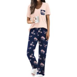 imageEkouaer Pajama Sets For Women 2 Piece Short Sleeve Pj Sets With Long Printed Pants Sleepwear Casual Loose Lounge SetsPinknavy Flower