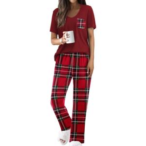 imageEkouaer Pajama Sets For Women 2 Piece Short Sleeve Pj Sets With Long Printed Pants Sleepwear Casual Loose Lounge SetsRedgreen Plaid