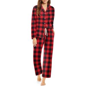 imageEkouaer Pajamas Set for Womens 2 Piece Cotton Plaid Loungewear Long Sleeve Sleepwear Soft Button Down Shirts Pjs with PocketsBig Black Red Plaid