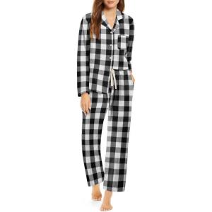 imageEkouaer Pajamas Set for Womens 2 Piece Cotton Plaid Loungewear Long Sleeve Sleepwear Soft Button Down Shirts Pjs with PocketsBlack White Plaid