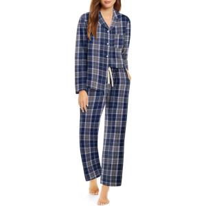 imageEkouaer Pajamas Set for Womens 2 Piece Cotton Plaid Loungewear Long Sleeve Sleepwear Soft Button Down Shirts Pjs with PocketsBlue White Plaid