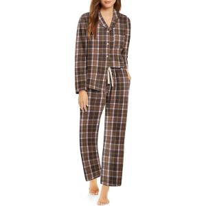 imageEkouaer Pajamas Set for Womens 2 Piece Cotton Plaid Loungewear Long Sleeve Sleepwear Soft Button Down Shirts Pjs with PocketsDark Brown Plaid