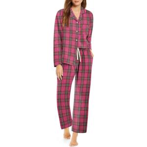 imageEkouaer Pajamas Set for Womens 2 Piece Cotton Plaid Loungewear Long Sleeve Sleepwear Soft Button Down Shirts Pjs with PocketsHot Pink Brown Plaid