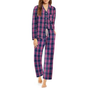 imageEkouaer Pajamas Set for Womens 2 Piece Cotton Plaid Loungewear Long Sleeve Sleepwear Soft Button Down Shirts Pjs with PocketsPink Blue Plaid