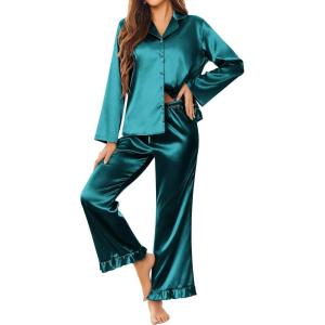 imageEkouaer Silk Satin Pajamas Set Womens Long Sleepwear Button Down 2 Piece Classic Soft Loungewear Pjs SetBlue Green