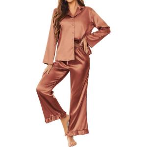 imageEkouaer Silk Satin Pajamas Set Womens Long Sleepwear Button Down 2 Piece Classic Soft Loungewear Pjs SetBrown