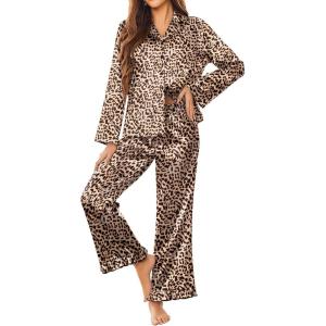 imageEkouaer Silk Satin Pajamas Set Womens Long Sleepwear Button Down 2 Piece Classic Soft Loungewear Pjs SetBrown Leopard