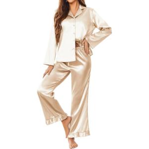 imageEkouaer Silk Satin Pajamas Set Womens Long Sleepwear Button Down 2 Piece Classic Soft Loungewear Pjs SetChampagne