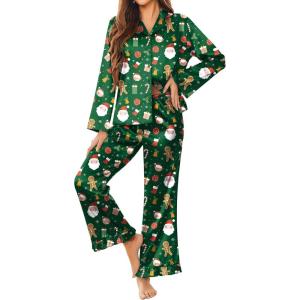 imageEkouaer Silk Satin Pajamas Set Womens Long Sleepwear Button Down 2 Piece Classic Soft Loungewear Pjs SetChristmas Green