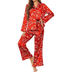 imageEkouaer Silk Satin Pajamas Set Womens Long Sleepwear Button Down 2 Piece Classic Soft Loungewear Pjs SetChristmas Red