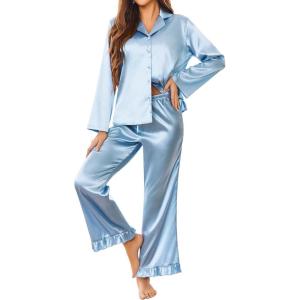 imageEkouaer Silk Satin Pajamas Set Womens Long Sleepwear Button Down 2 Piece Classic Soft Loungewear Pjs SetClear Blue