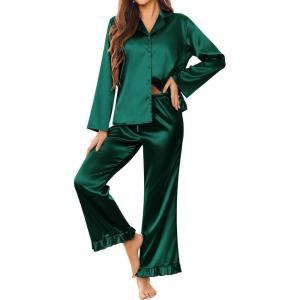 imageEkouaer Silk Satin Pajamas Set Womens Long Sleepwear Button Down 2 Piece Classic Soft Loungewear Pjs SetGreen