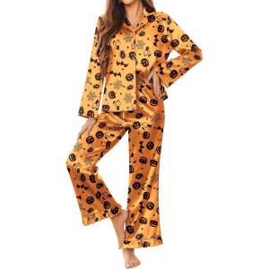 imageEkouaer Silk Satin Pajamas Set Womens Long Sleepwear Button Down 2 Piece Classic Soft Loungewear Pjs SetHalloween