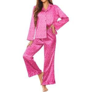 imageEkouaer Silk Satin Pajamas Set Womens Long Sleepwear Button Down 2 Piece Classic Soft Loungewear Pjs SetHot Pink Leopard