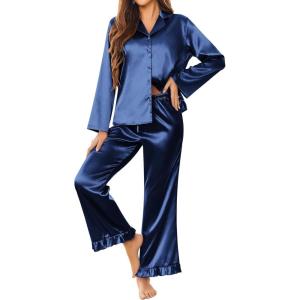 imageEkouaer Silk Satin Pajamas Set Womens Long Sleepwear Button Down 2 Piece Classic Soft Loungewear Pjs SetNavy Blue