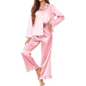 imageEkouaer Silk Satin Pajamas Set Womens Long Sleepwear Button Down 2 Piece Classic Soft Loungewear Pjs SetPink