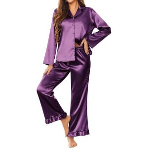 imageEkouaer Silk Satin Pajamas Set Womens Long Sleepwear Button Down 2 Piece Classic Soft Loungewear Pjs SetPurple