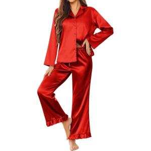 imageEkouaer Silk Satin Pajamas Set Womens Long Sleepwear Button Down 2 Piece Classic Soft Loungewear Pjs SetRed